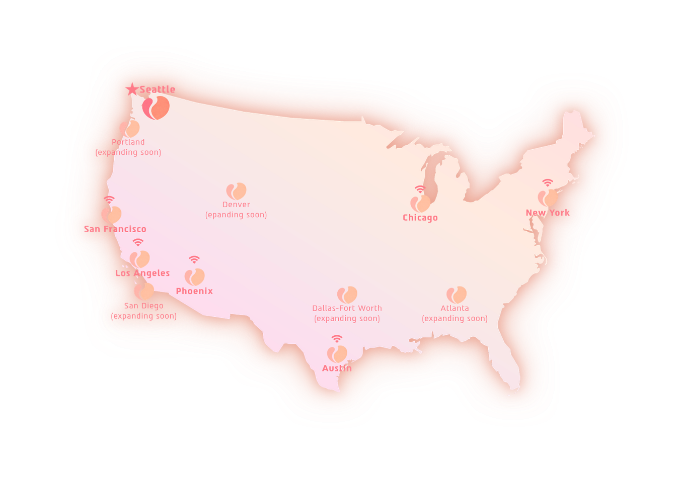 Peachity nationwide reach — Seattle home base connected to selected U.S. metros