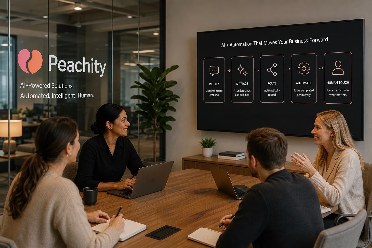 Peachity team reviewing an AI and automation workflow from inquiry through triage, routing, automation, and human follow-up.
