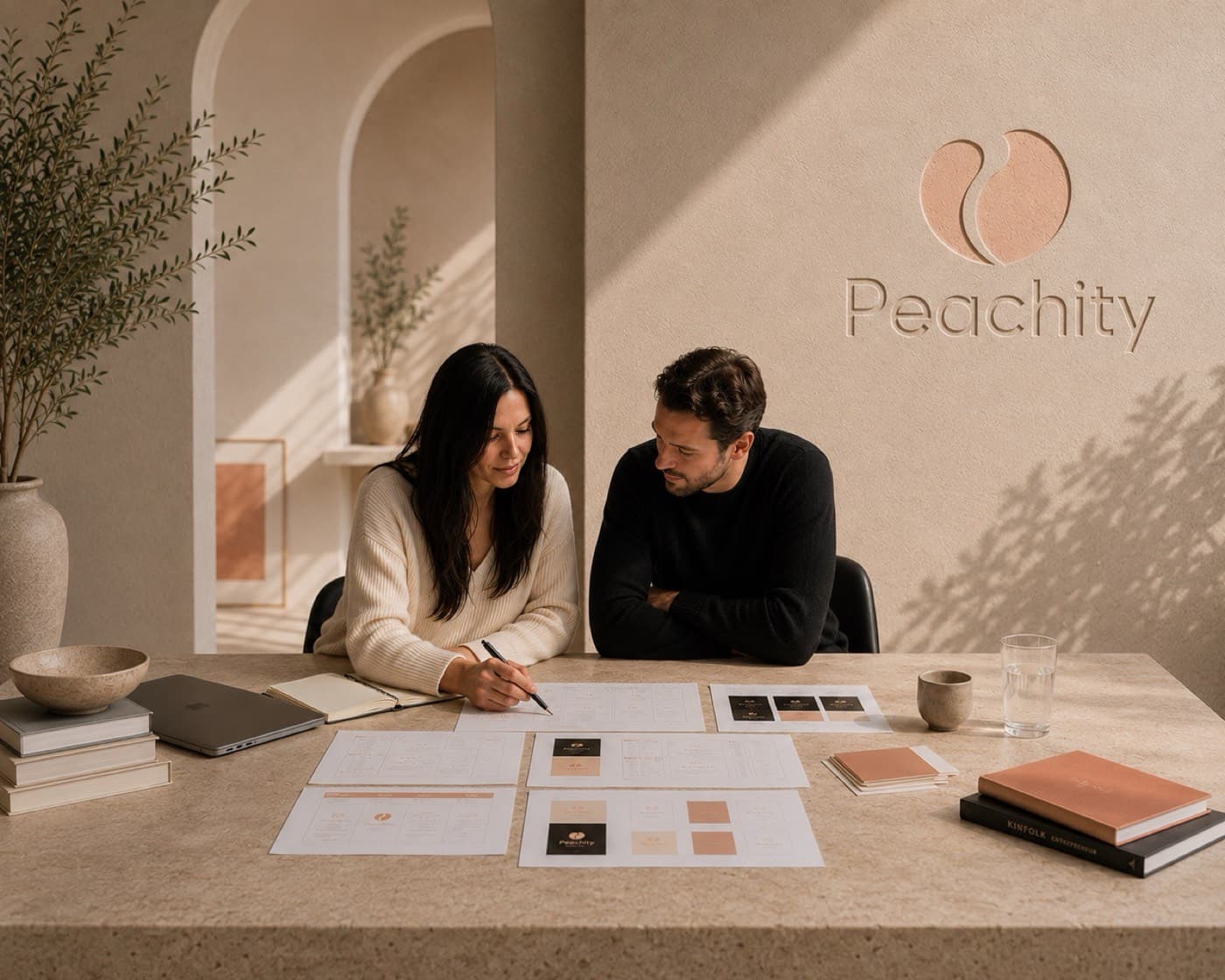 Peachity team reviewing project scope and design together at a workspace