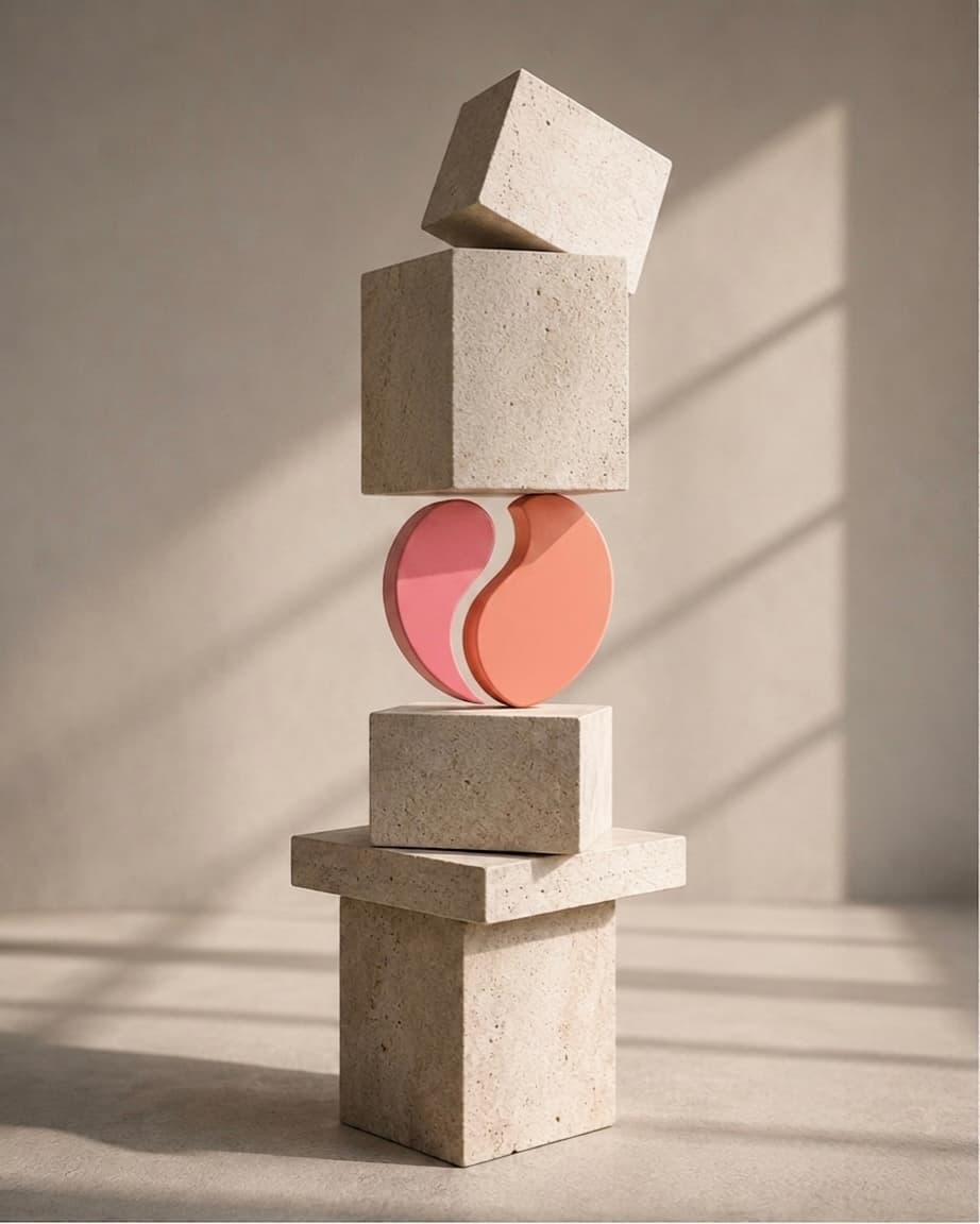 Abstract balance sculpture with peach and pink forms on stacked stone blocks in warm natural light