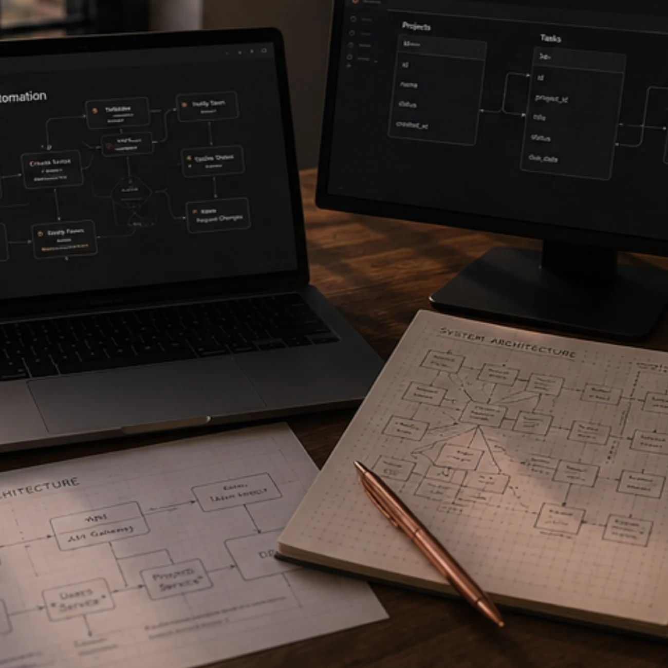 System architecture sketches beside a laptop and monitor showing an application's data model