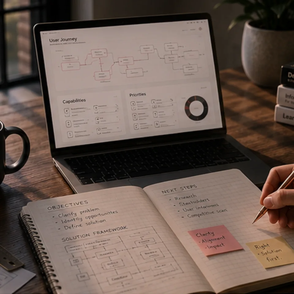 A notebook of objectives, next steps, and a solution framework beside a laptop showing a user journey map