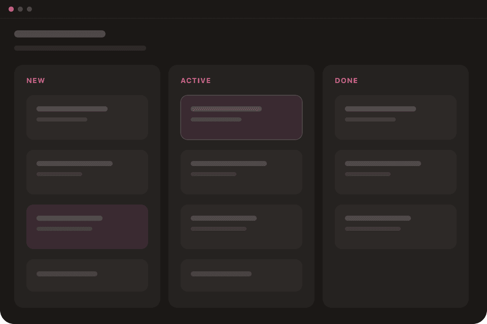 Operations kanban board with New, Active, and Done columns
